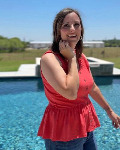 BARI peplum tank in Coral Red