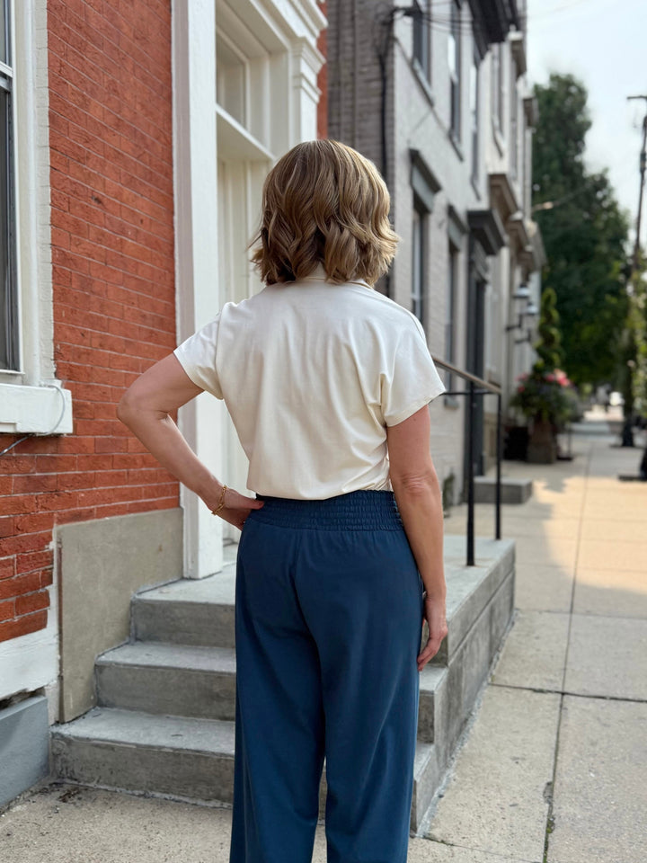 EVELINE smocked jersey pants in Atlantic Blue