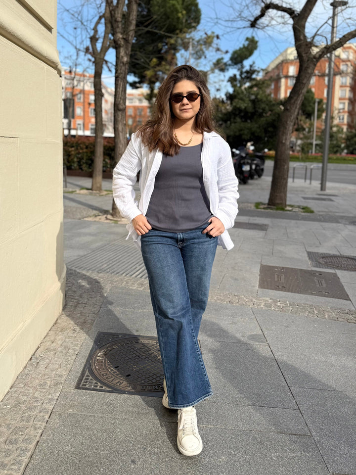 LEONOR rib-knit tee in Blue Storm