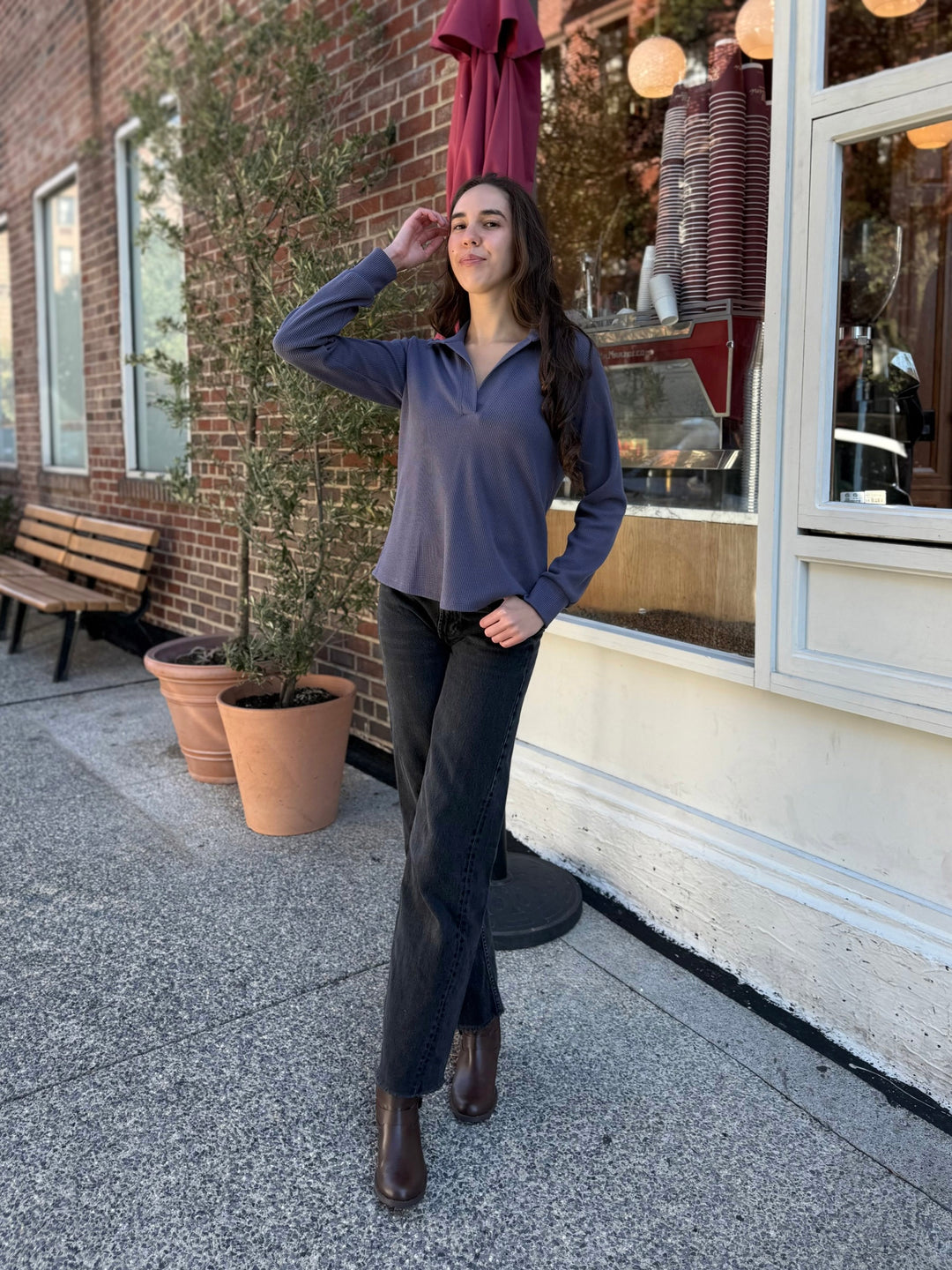 ADRIA waffle knit top in Stonewash