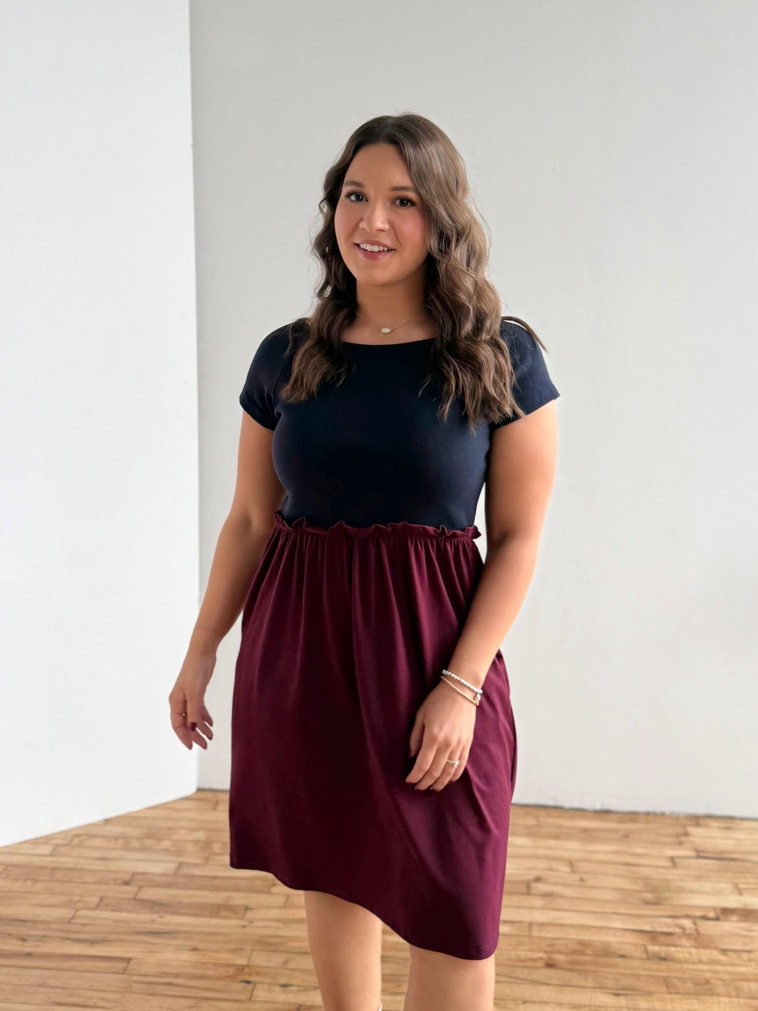 CAITLIN rib+jersey dress in Navy/Merlot