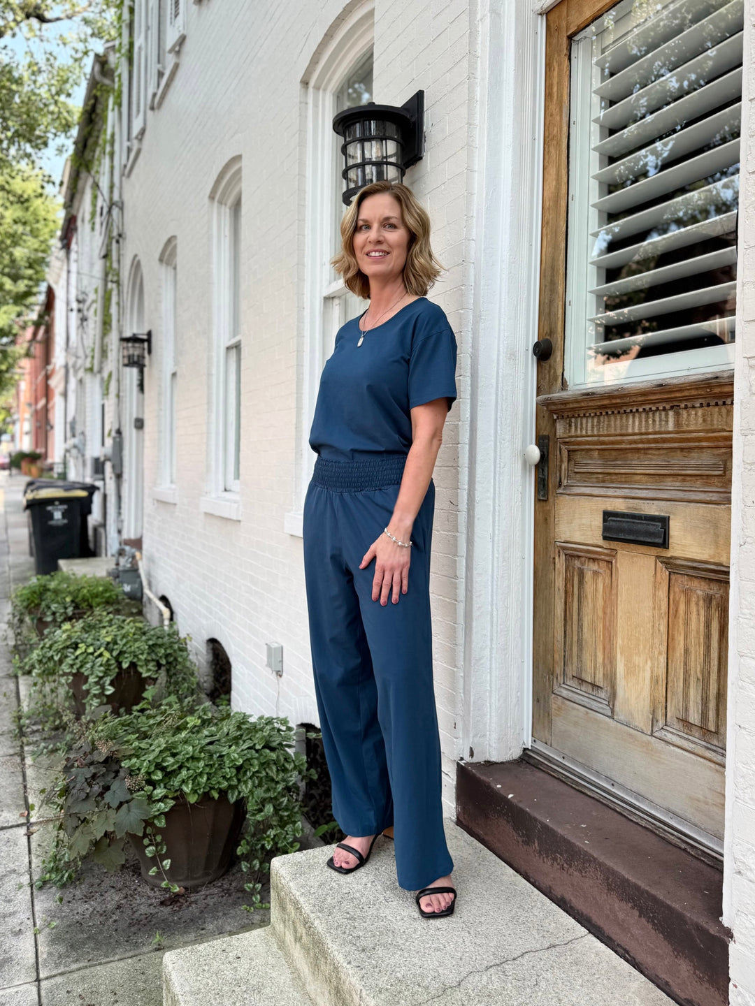 EVELINE smocked jersey pants in Atlantic Blue