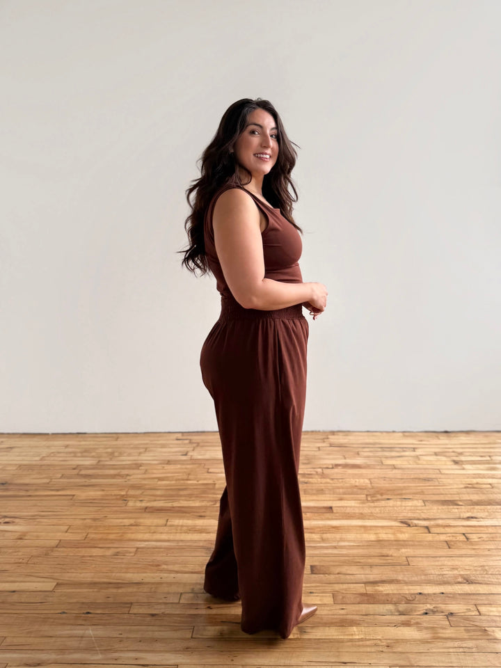 EVELINE smocked jersey pants in Burnt Cedar