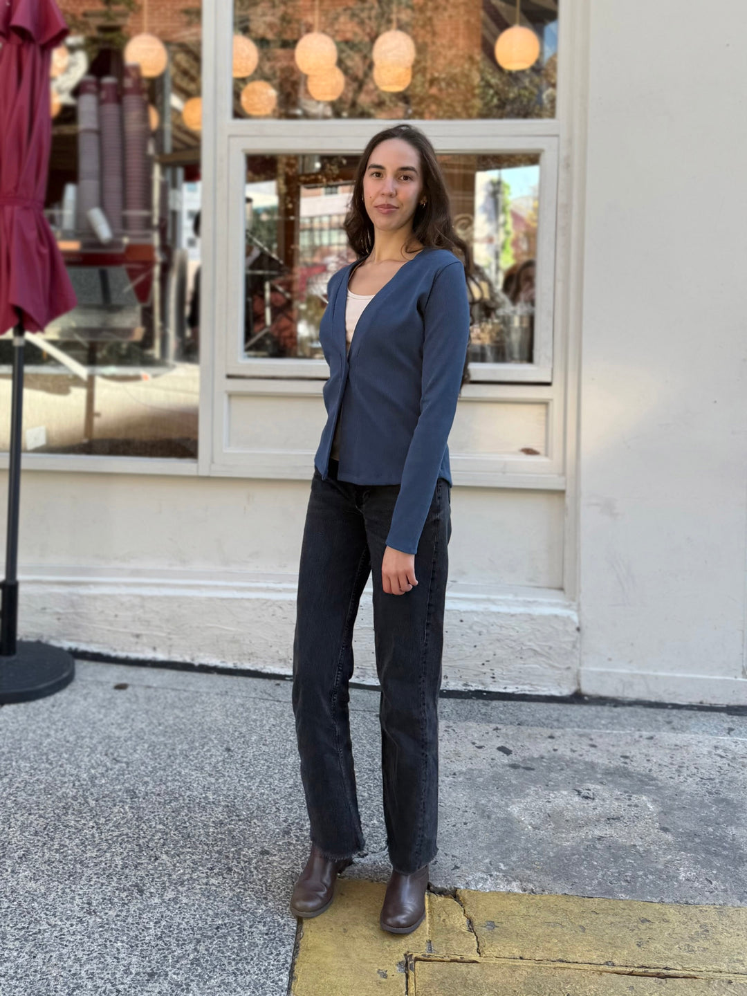 JUDE rib-knit fitted cardigan in Faded Navy