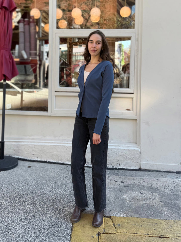 JUDE rib-knit fitted cardigan in Faded Navy