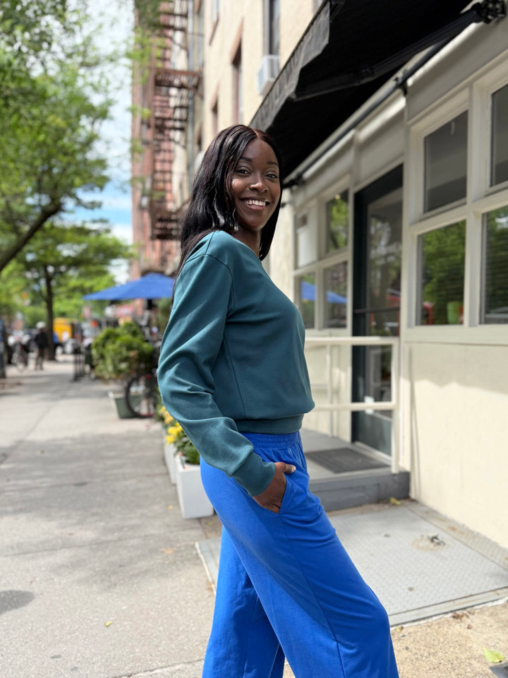 EVELINE smocked jersey pants in Blue Iolite