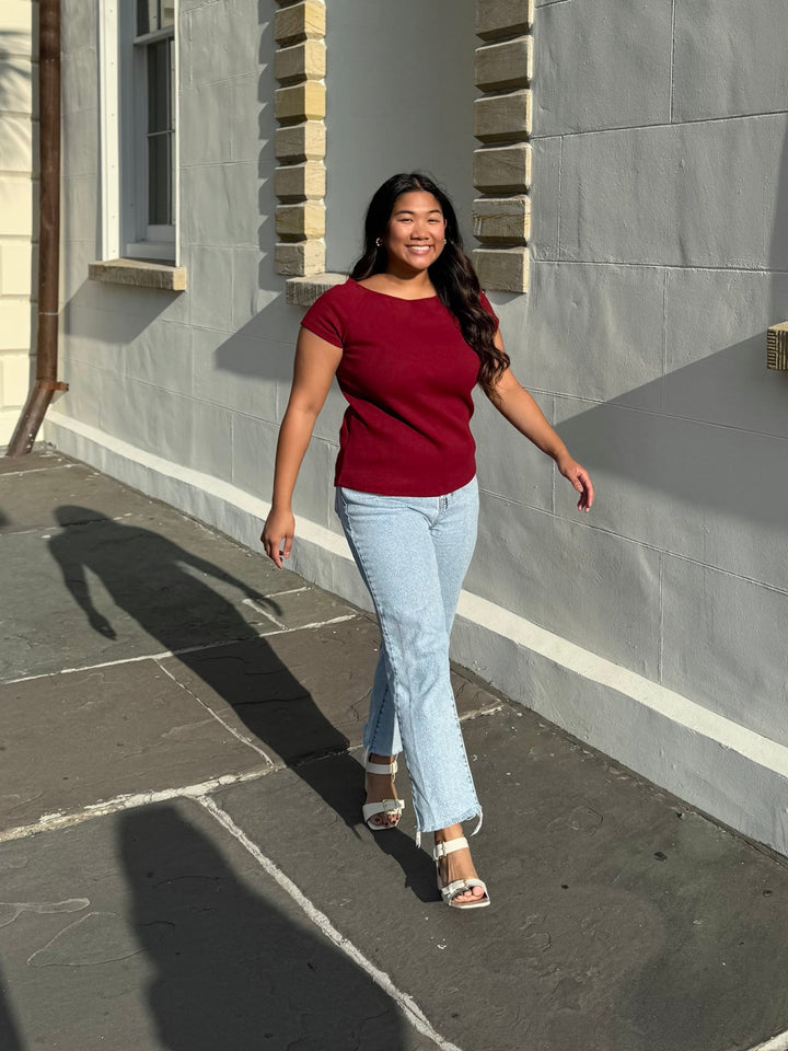 LILLE rib knit tee in Rich Red