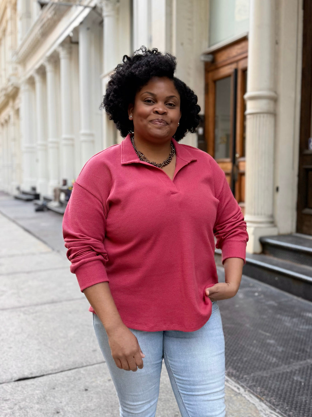 ADRIA waffle knit top in Soft Hibiscus