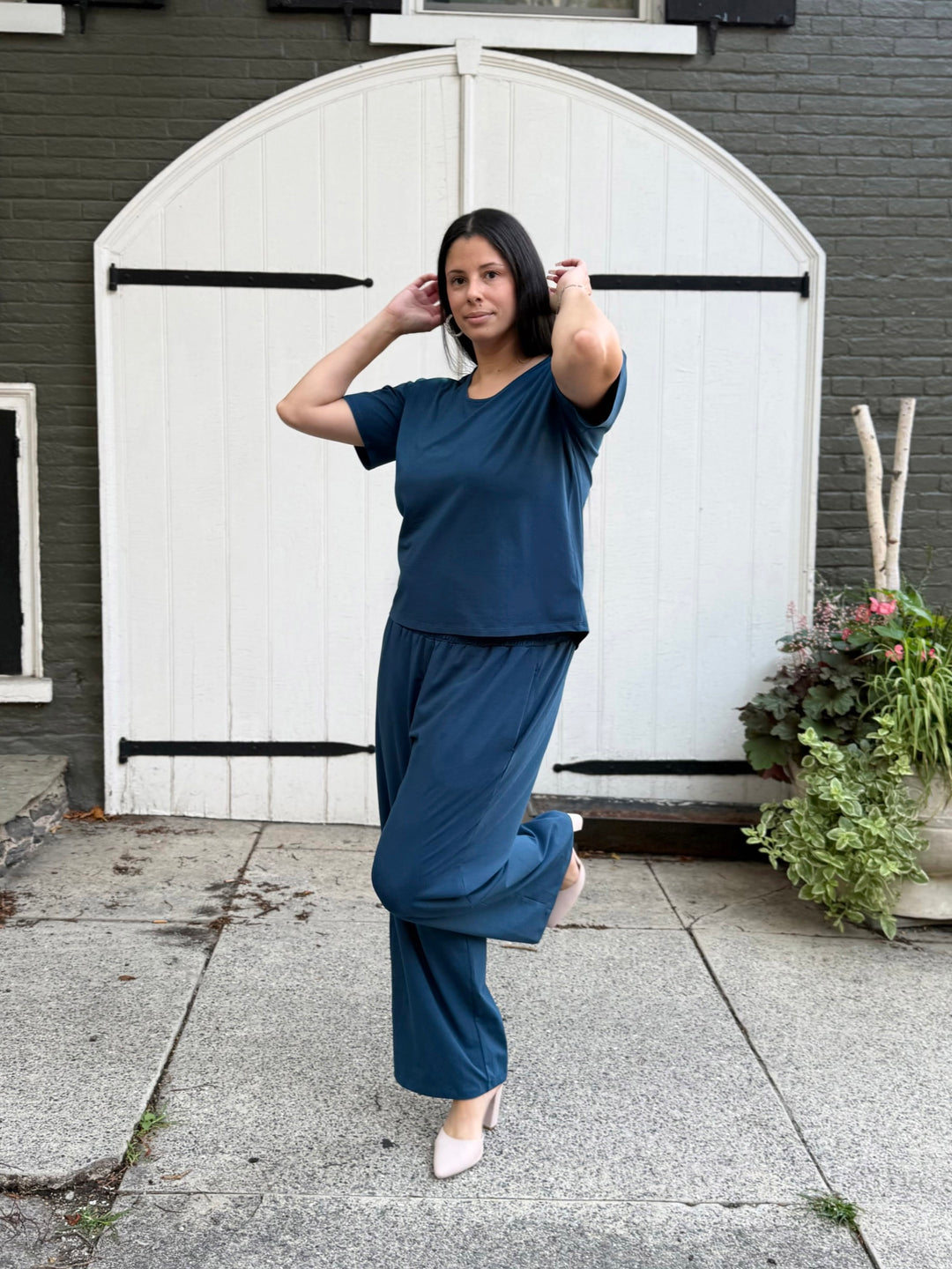 EVELINE smocked jersey pants in Atlantic Blue