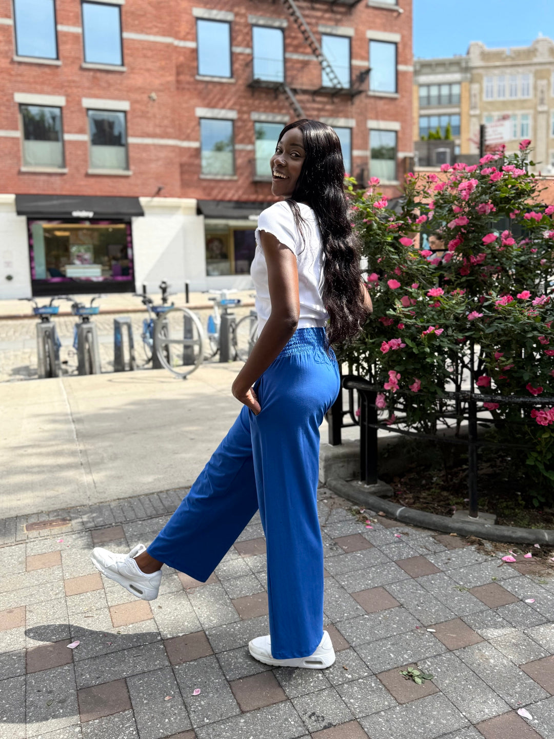 EVELINE smocked jersey pants in Blue Iolite