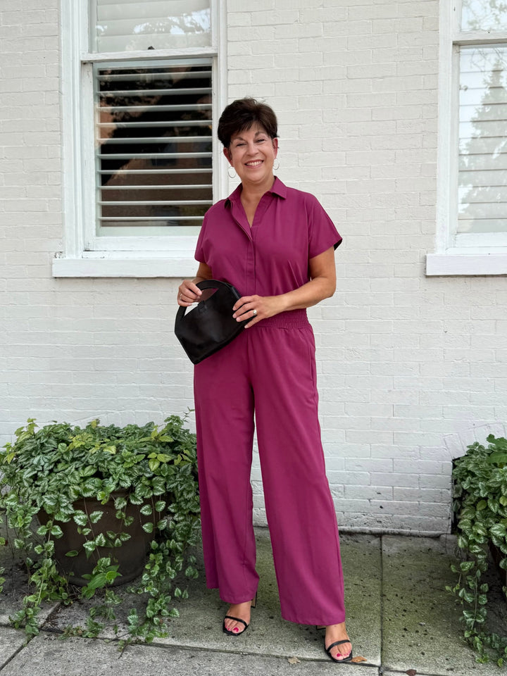 EVELINE smocked jersey pants in Deep Berry