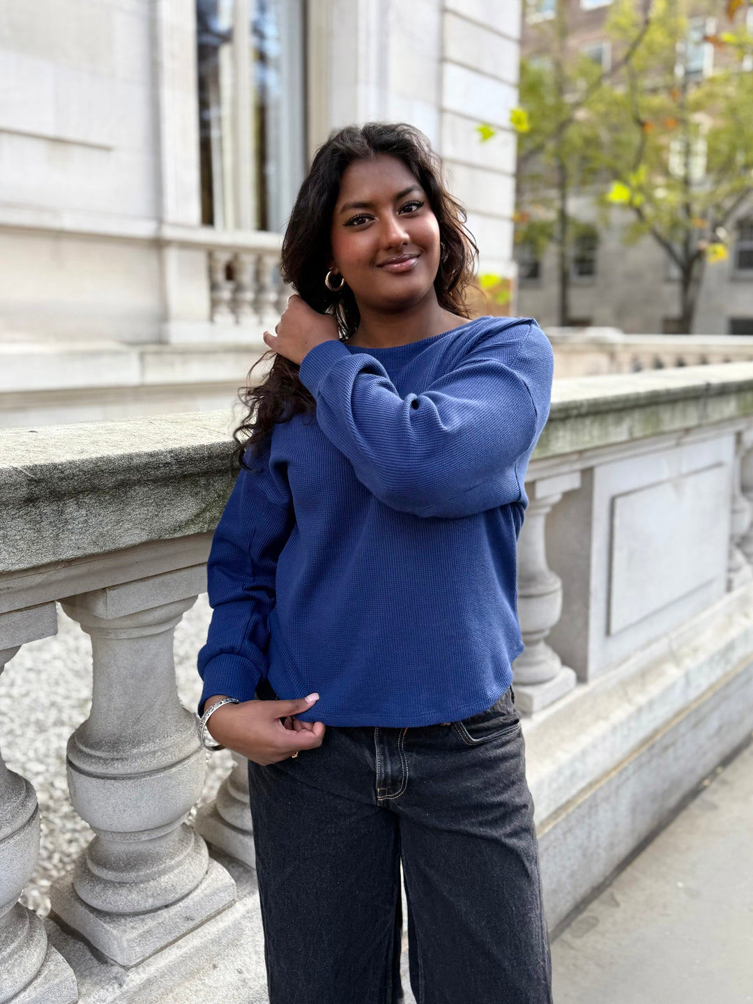 HARPER waffle knit top in Blue Depths