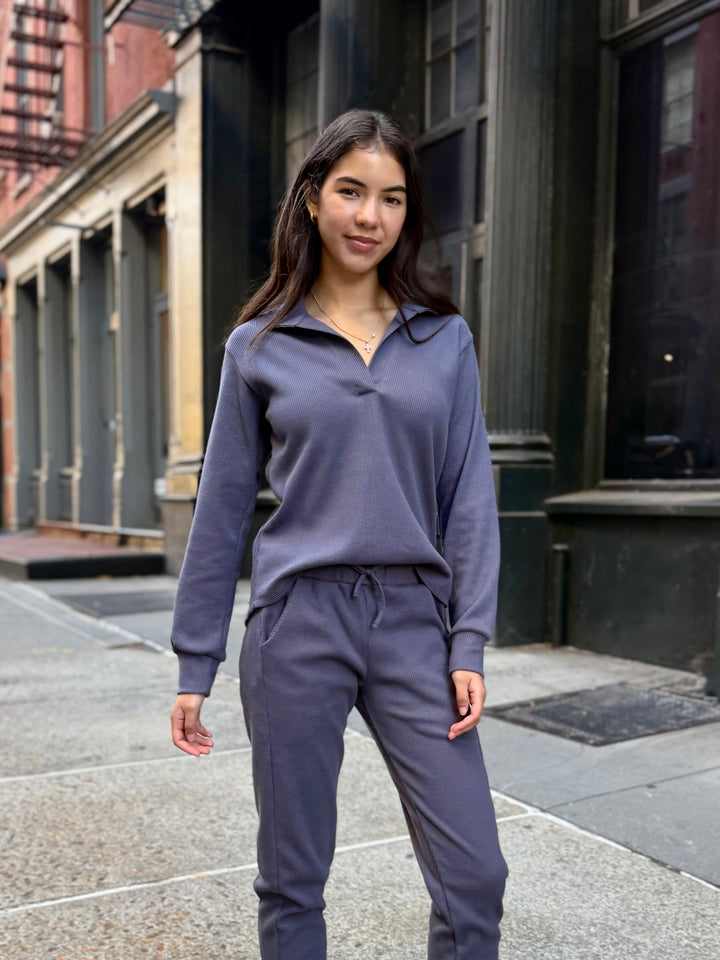 ADRIA waffle knit top in Stonewash