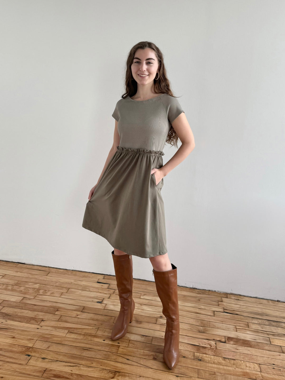 CAITLIN rib+jersey dress in Sage