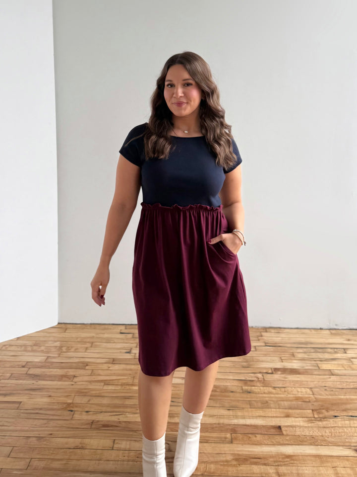 CAITLIN rib+jersey dress in Navy/Merlot