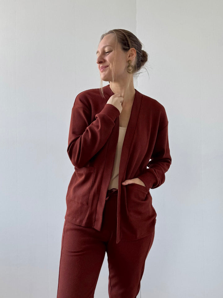 RILEY waffle knit cardigan in Cherrywood