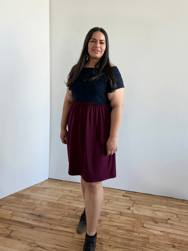 CAITLIN rib+jersey dress in Navy/Merlot