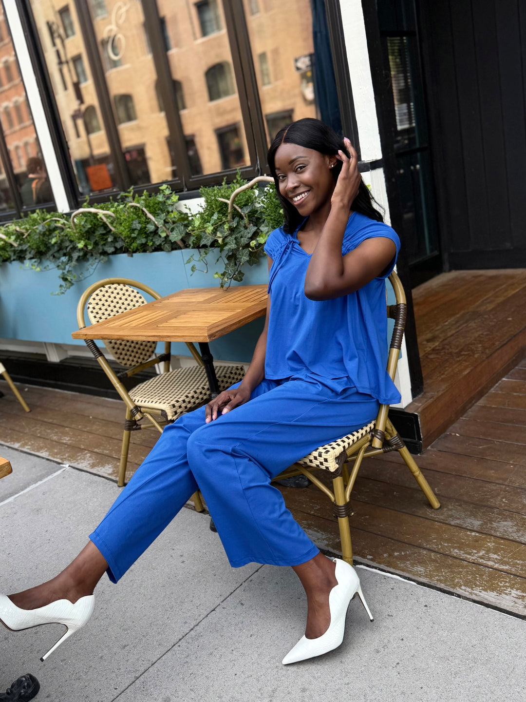 EVELINE smocked jersey pants in Blue Iolite