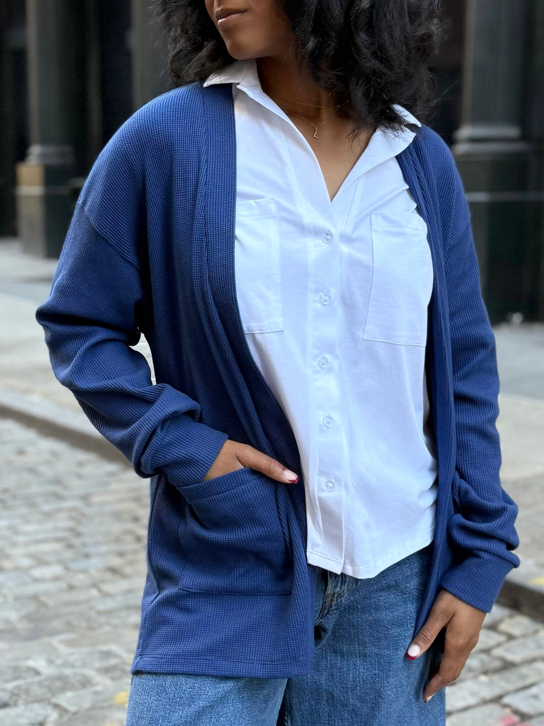 RILEY waffle knit cardigan in Blue Depths