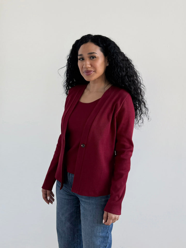 JUDE rib-knit fitted cardigan in Rich Red