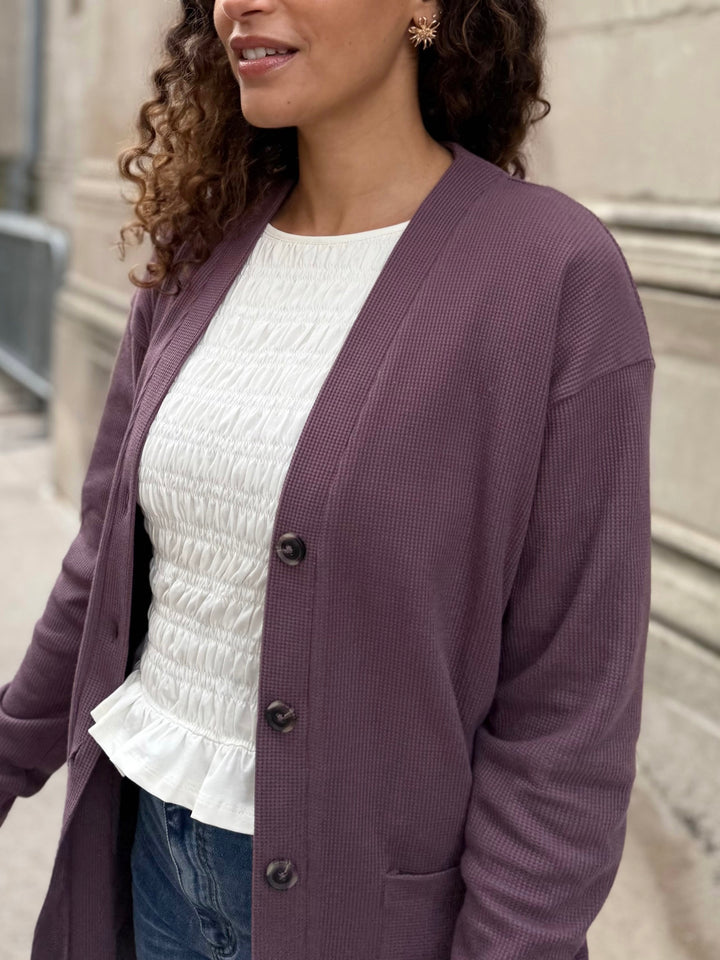 EVERLY waffle knit cardigan in Plum Shadow