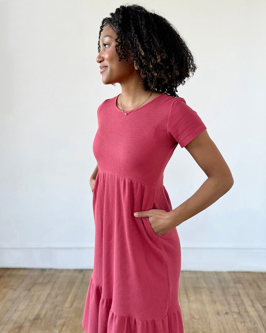 PHOENIX waffle knit dress in Soft Hibiscus Elegantees PHOENIX waffle knit dress in Soft Hibiscus Elegantees