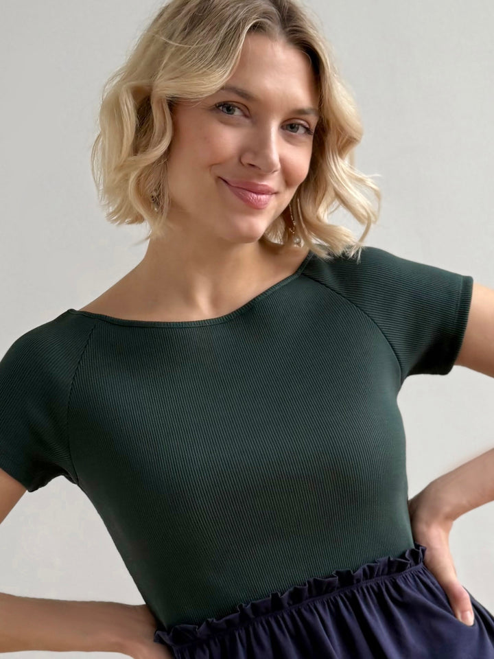 CAITLIN rib+jersey dress in Jade/Navy