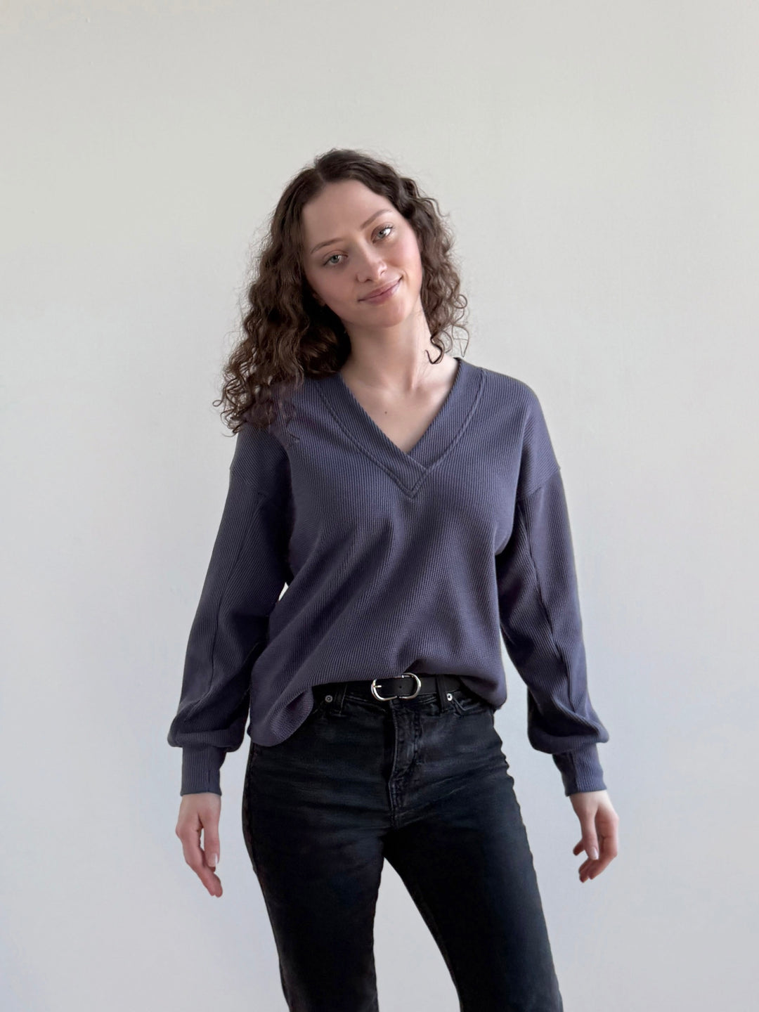 MEGANE waffle knit top in Stonewash