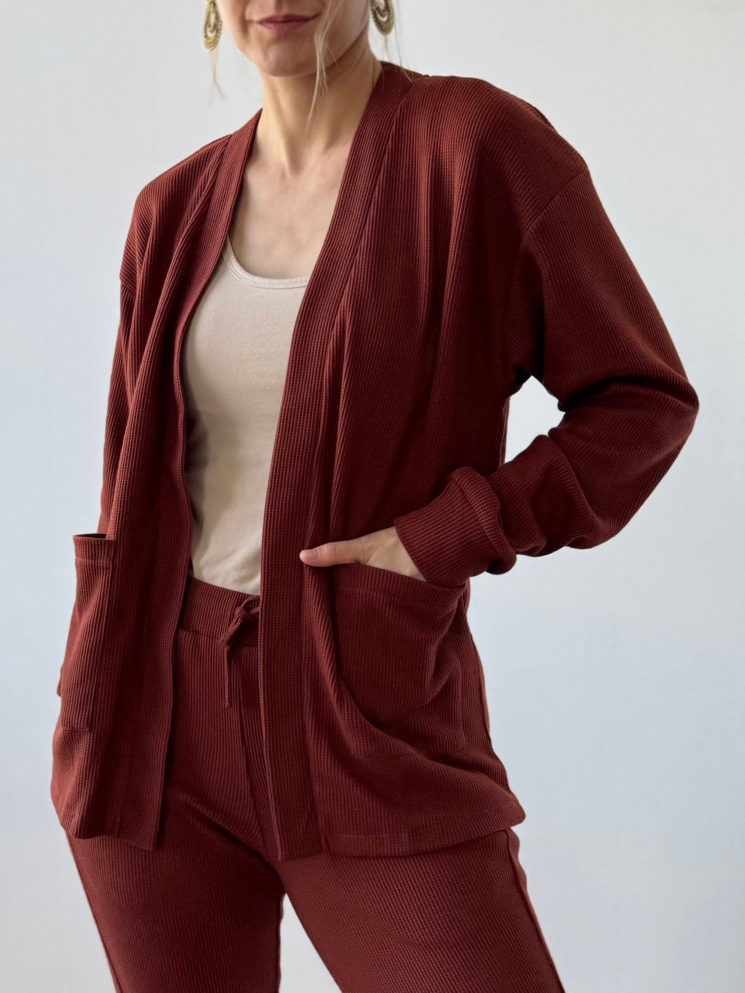 RILEY waffle knit cardigan in Cherrywood