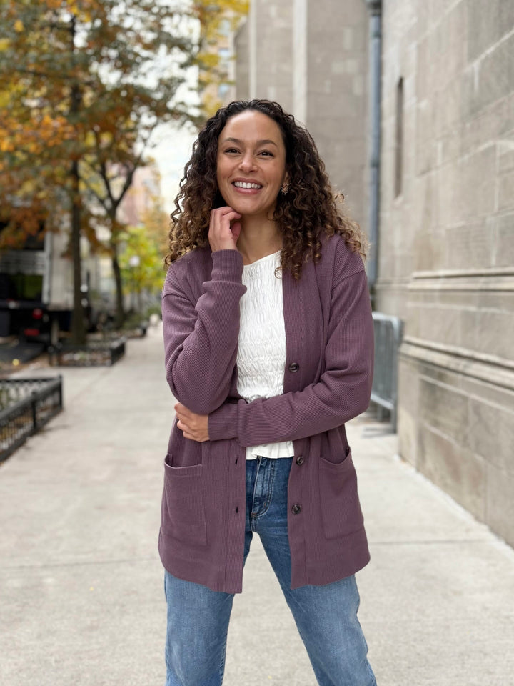 EVERLY waffle knit cardigan in Plum Shadow