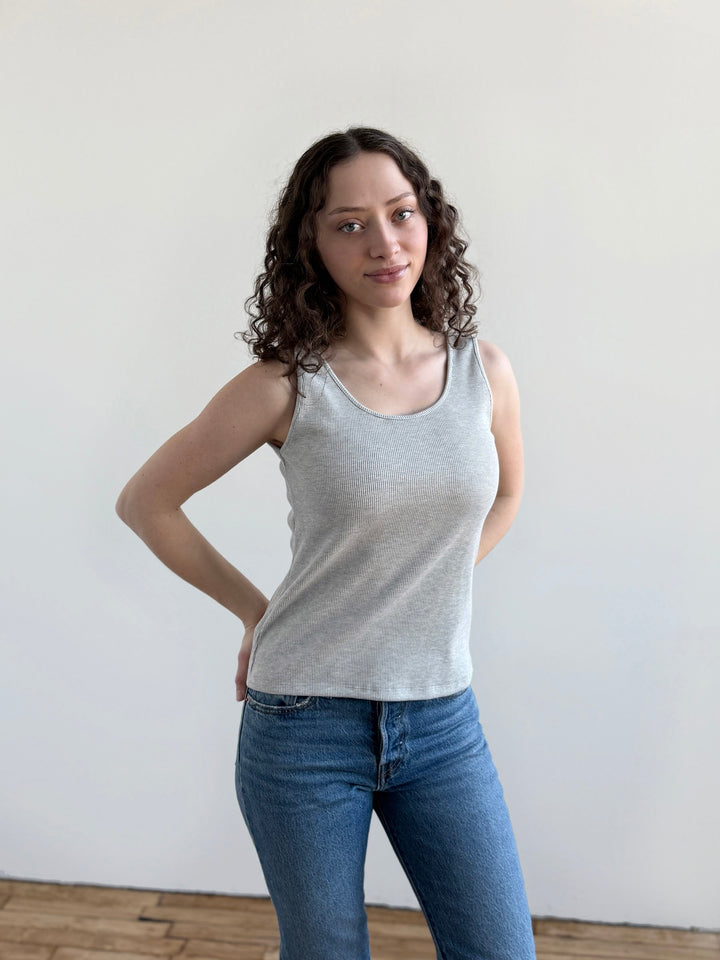 MAYA rib-knit fitted tank in Marble Grey
