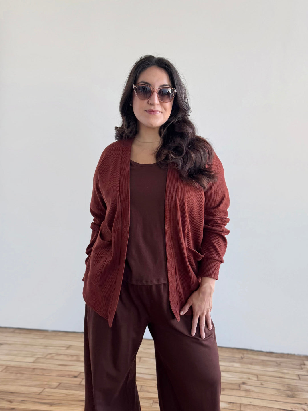 RILEY waffle knit cardigan in Cherrywood