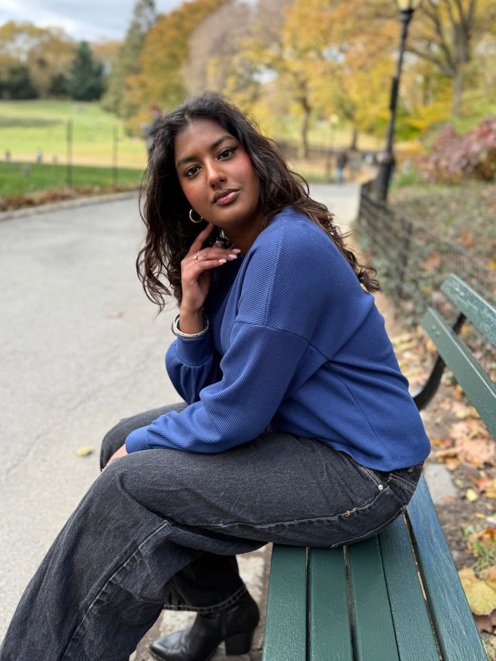 HARPER waffle knit top in Blue Depths