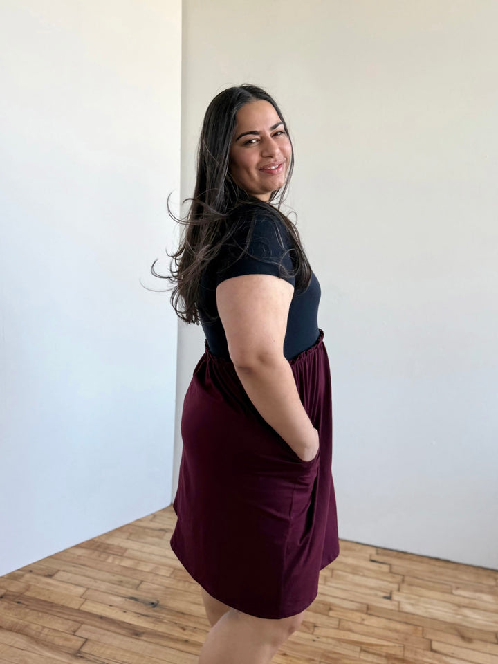 CAITLIN rib+jersey dress in Navy/Merlot