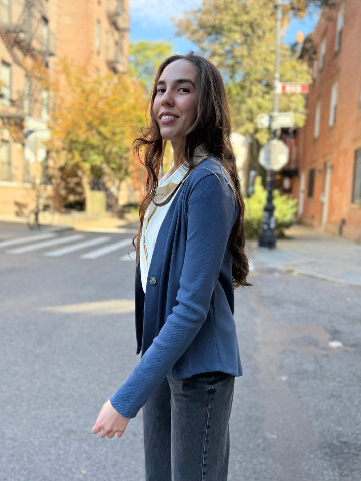 JUDE rib-knit fitted cardigan in Faded Navy