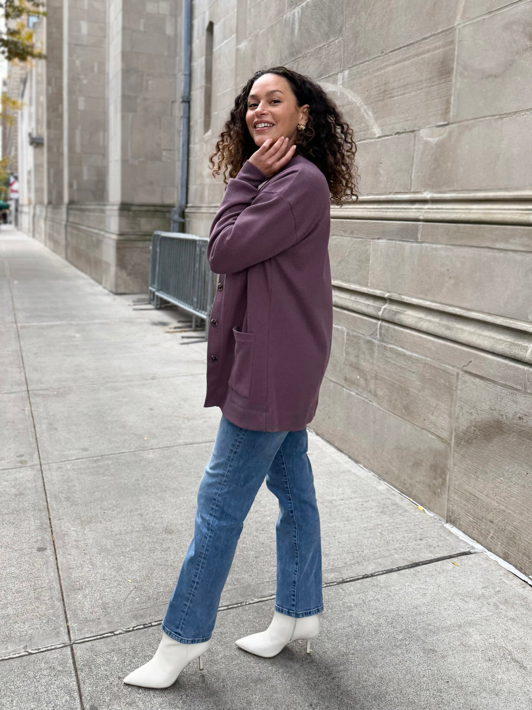 EVERLY waffle knit cardigan in Plum Shadow