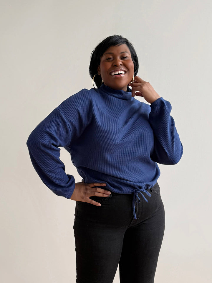 ANNIKA waffle knit top in Blue Depths