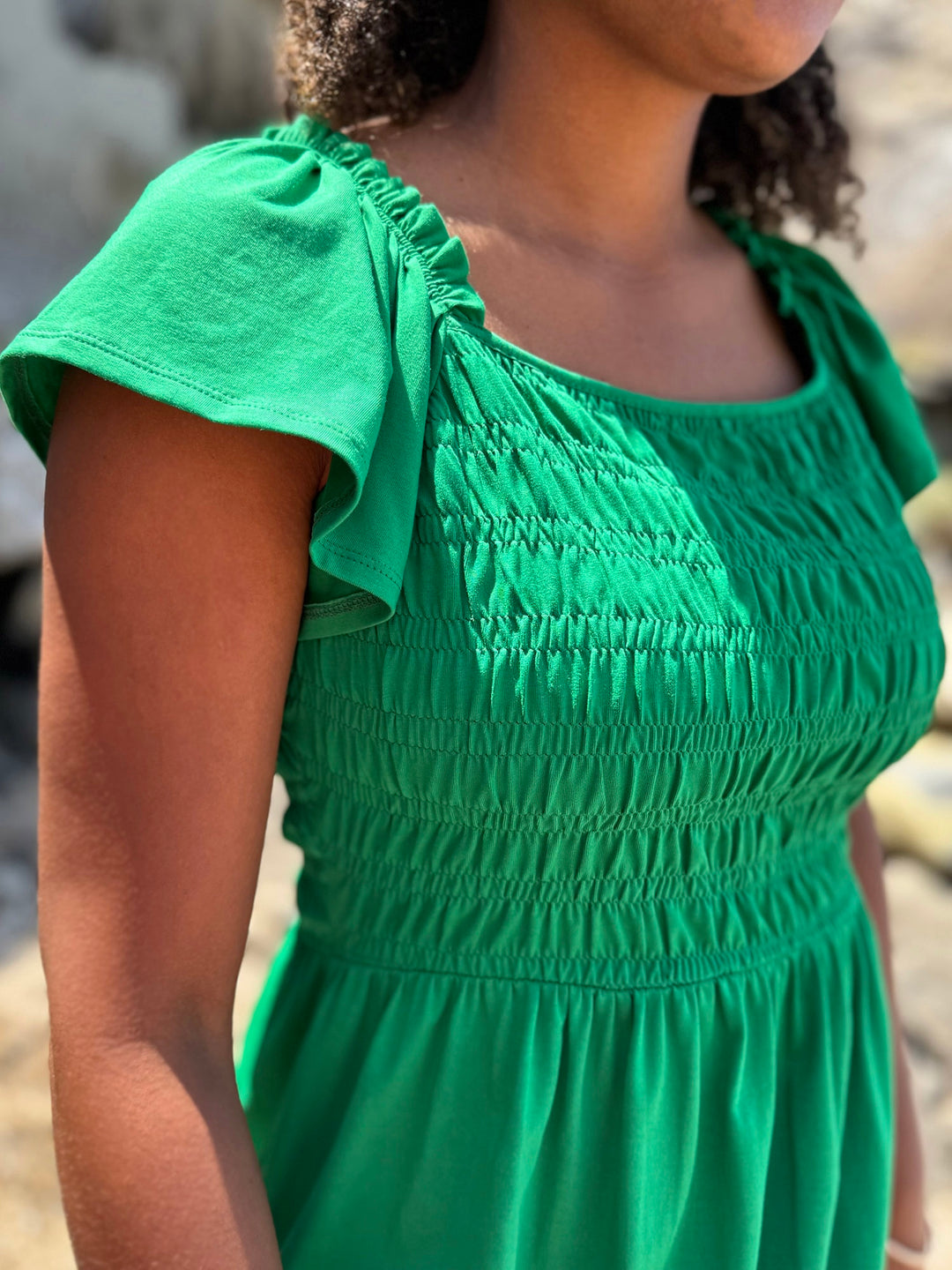 ADELIA smocked dress in Leaf Green Elegantees ADELIA smocked dress in Leaf Green Elegantees