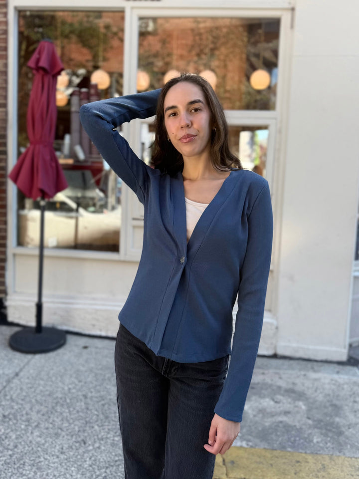 JUDE rib-knit fitted cardigan in Faded Navy