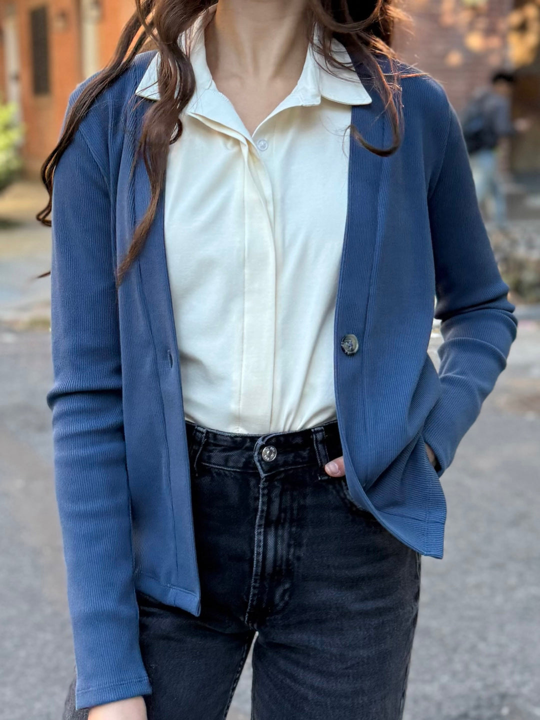 JUDE rib-knit fitted cardigan in Faded Navy