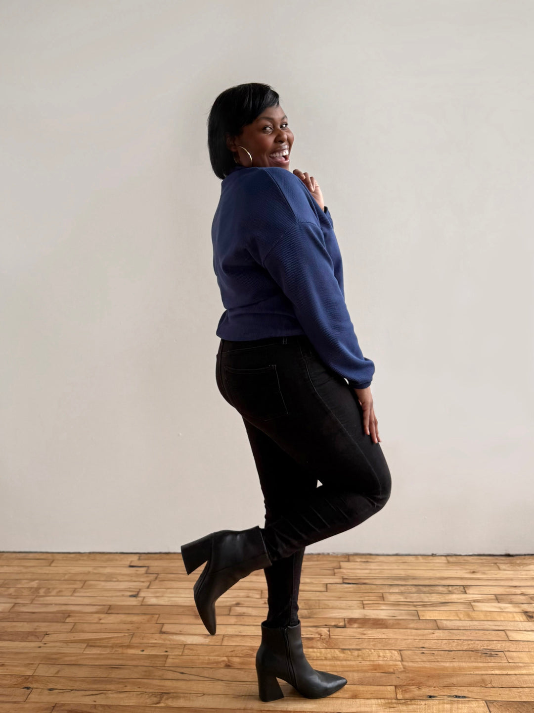 ANNIKA waffle knit top in Blue Depths