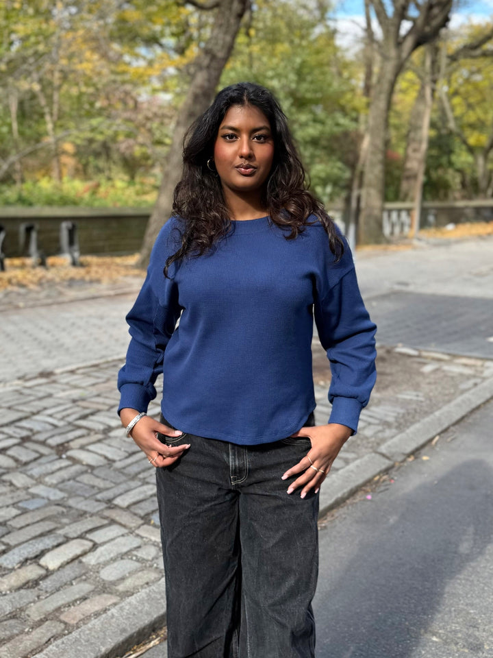 HARPER waffle knit top in Blue Depths