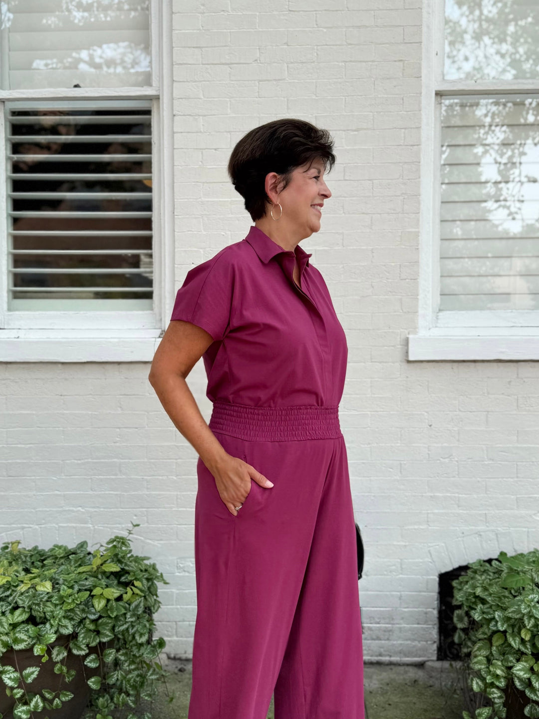 EVELINE smocked jersey pants in Deep Berry