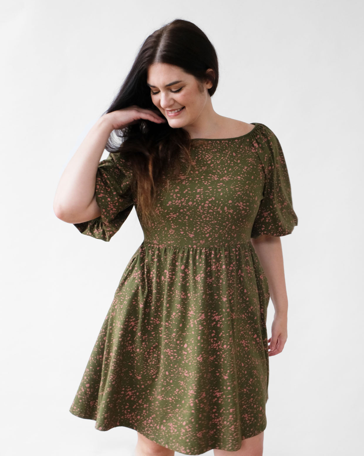 SADIE printed dress in Olive/Clay