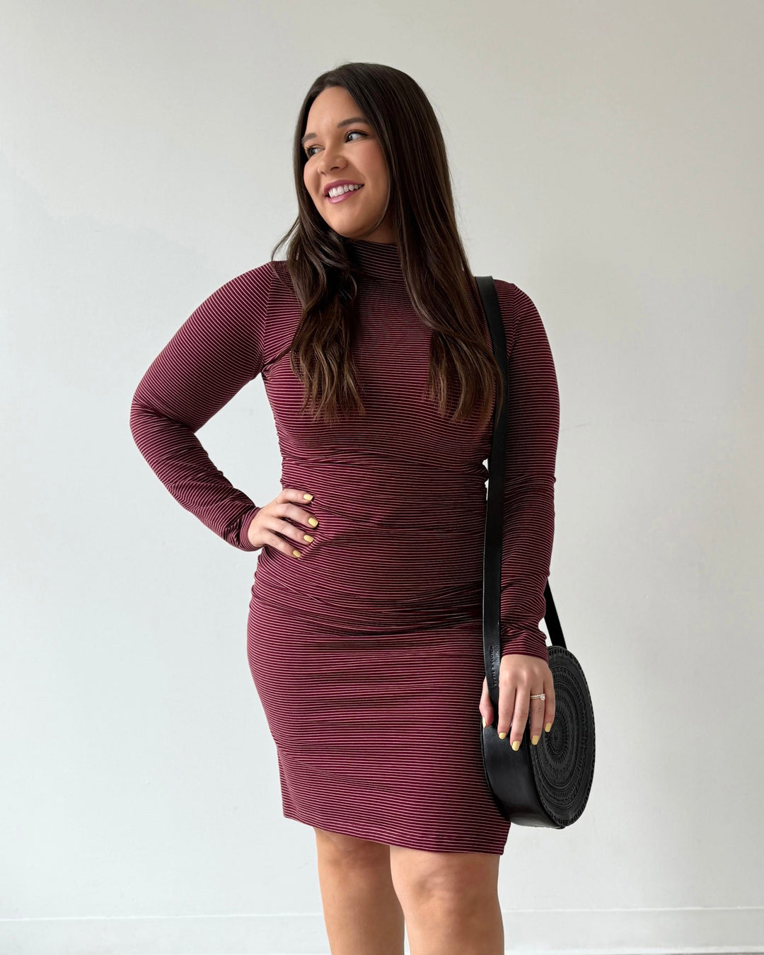 burgundy stripe dress PrettyLittleThing Women's Striped Long Sleeve Wrap Detail Bodycon Dress in Burgundy