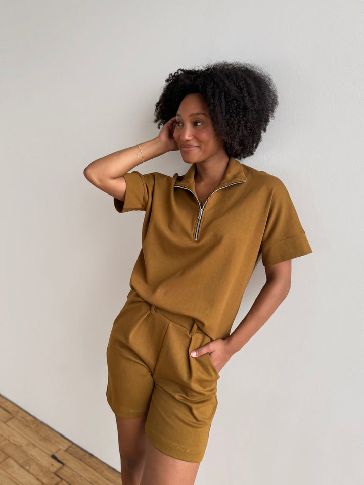 SINCLAIR heavy knit top in Warm Sienna, Bright Navy