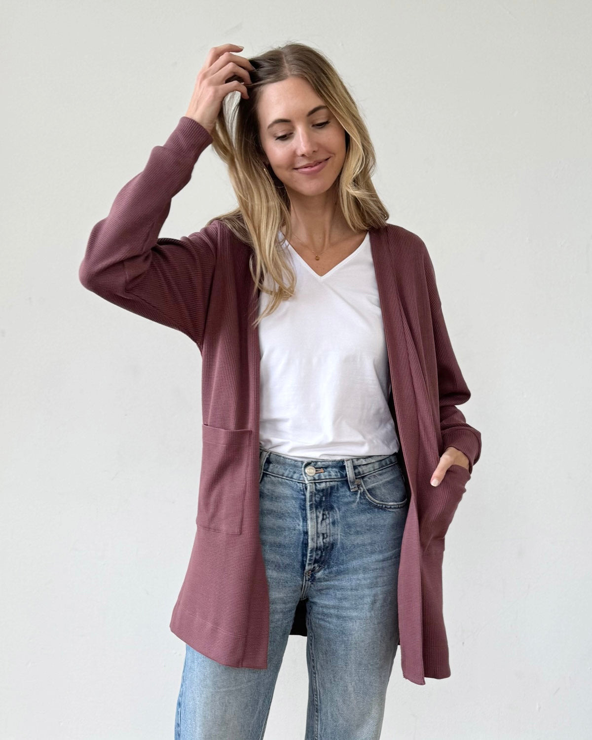 PREORDER waffle knit cardigan in Muted Fig