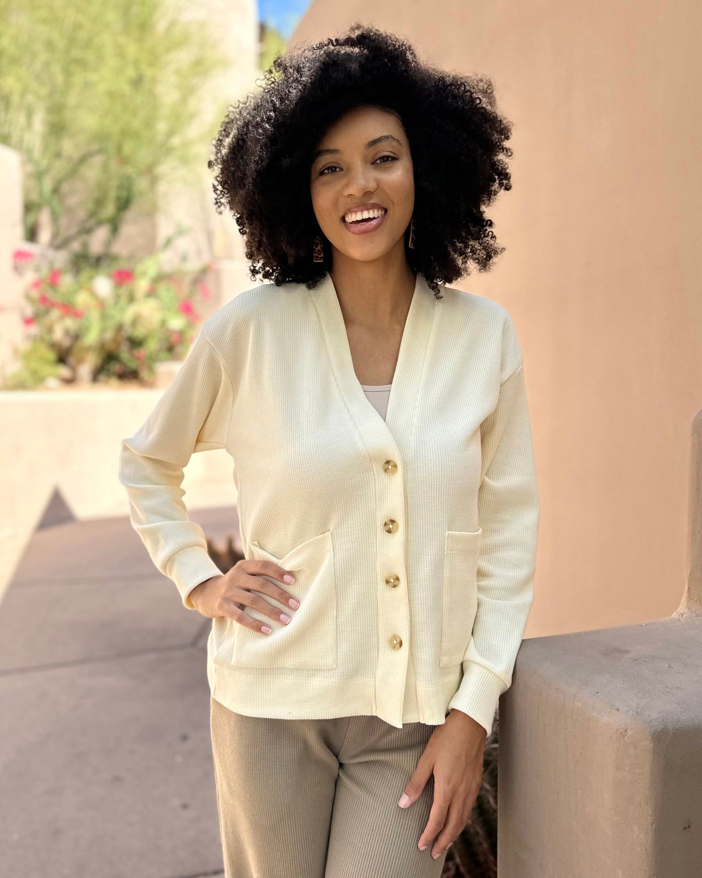 MESA waffle knit cardigan in Almond Milk