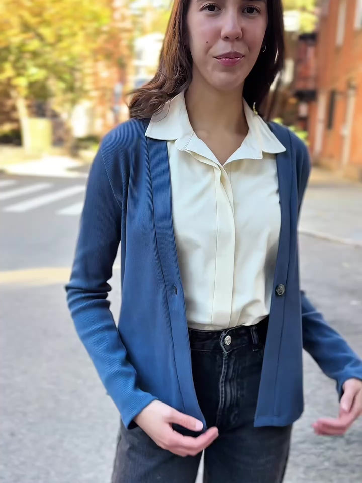 JUDE rib-knit fitted cardigan in Faded Navy