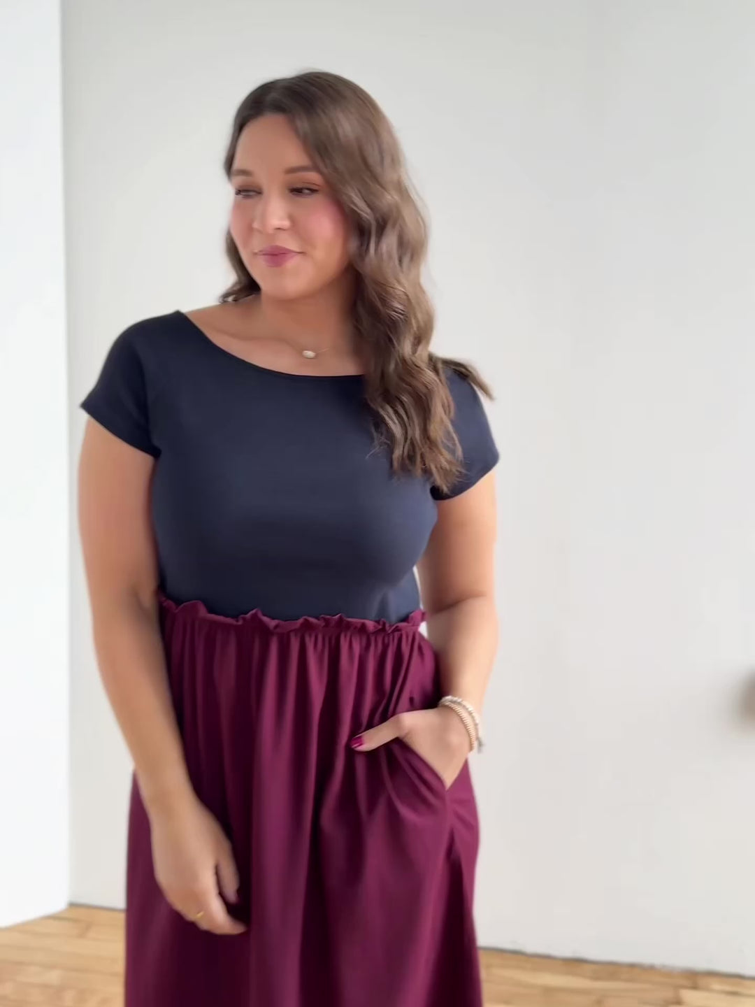 CAITLIN rib+jersey dress in Navy/Merlot